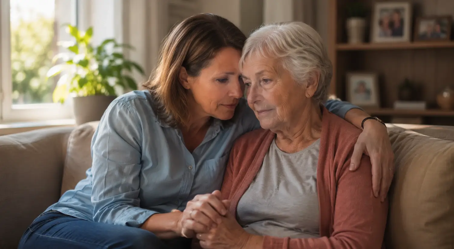 daughter and elderly mom sitting next to each other