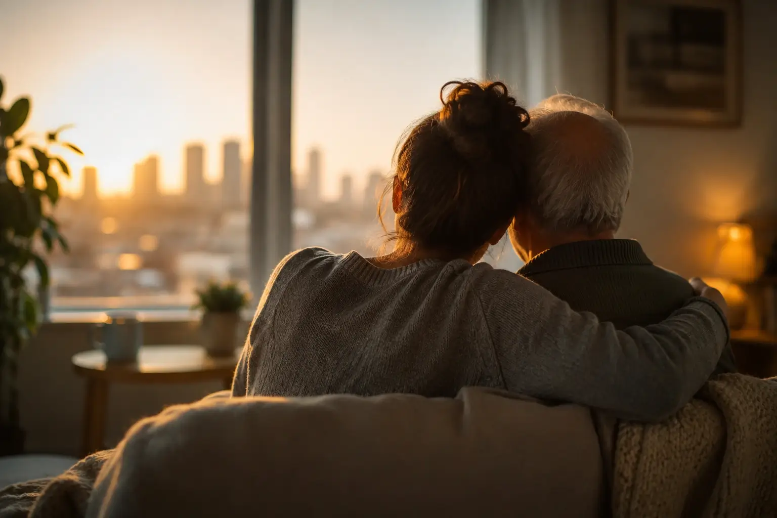 daughter and senior dad sitting on the couch, looking at the sunset over the city