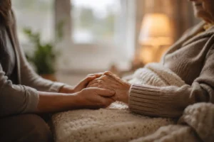 elder holding hands of daughter