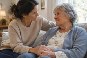 tender moment between daughter and elder mom